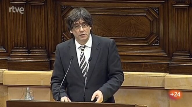 Carles Puigdemont lors de son discours d'investiture, le 10 janvier, à Barcelone. Carles Puigdemont lors de son discours d'investiture, le 10 janvier, à Barcelone.
