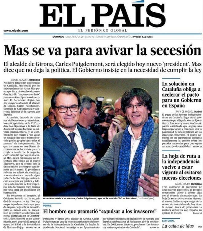 La une d'« El Pais » dimanche, avec Artur Mas (à gauche, sur le départ), et Carles Puigdemont. La une d'« El Pais » dimanche, avec Artur Mas (à gauche, sur le départ), et Carles Puigdemont.