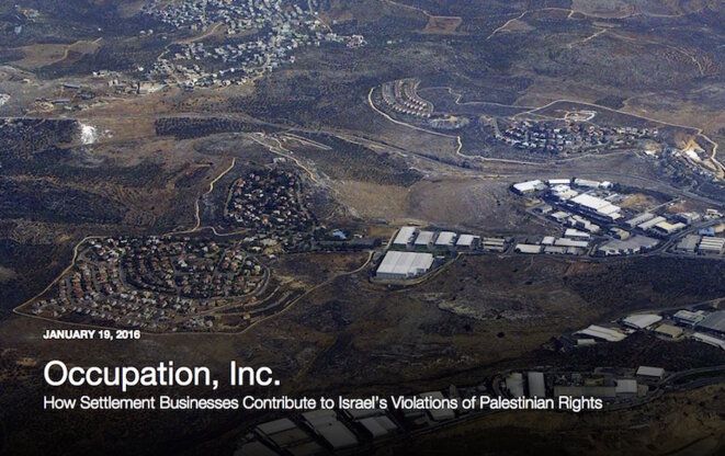 La zone industrielle de Barkan, dans une colonie israélienne, photographiée sur la couverture du rapport d'Human Rights Watch. La zone industrielle de Barkan, dans une colonie israélienne, photographiée sur la couverture du rapport d'Human Rights Watch.