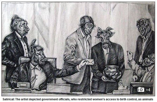 Un dessin de l'artiste Atena Farghadani représente les députés du régime avec des têtes d’animaux votant une loi anti-contraception © hamid enayat