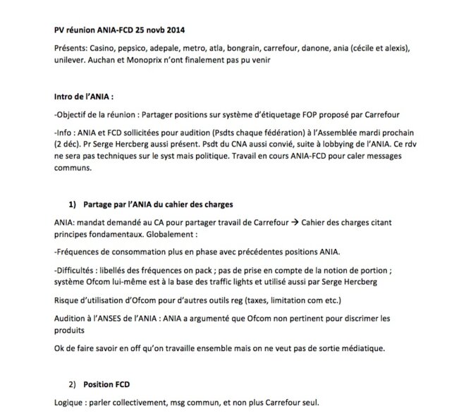 Procès verbal de la réunion de concertation des industriels et de la distribution en 2014. © DR Procès verbal de la réunion de concertation des industriels et de la distribution en 2014. © DR