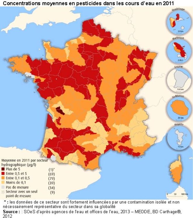 Concentrations des pesticides dans les cours d'eau © MInistère de l'écologie Concentrations des pesticides dans les cours d'eau © MInistère de l'écologie