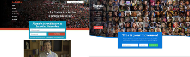 Le site de campagne de Mélenchon (à gauche), et celui de Bernie Sanders (à droite) Le site de campagne de Mélenchon (à gauche), et celui de Bernie Sanders (à droite)