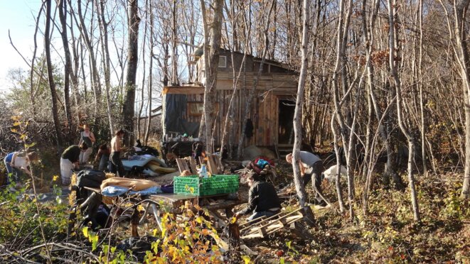 One of the homes used by protesters in the Chambarans forest; this one is called 'Pallet Palace'. One of the homes used by protesters in the Chambarans forest; this one is called 'Pallet Palace'.