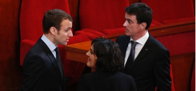 Emmanuel Macron, Myriam El Khomri et Manuel Valls le 18 janvier, au Conseil économique et social © Reuters
