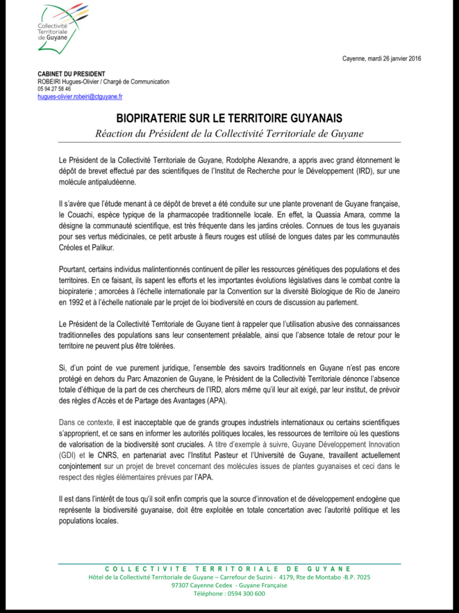 Communiqué du 26.01.2016 du service de communication de la CTG. Communiqué du 26.01.2016 du service de communication de la CTG.