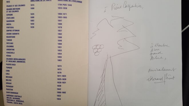 Dédicace d'Édouard Glissant de "10 Mai". "À Pierre Carpentier à l'ombre d'un grand arbre." (le 10. 05. 2010 à la Maison des Métallos).