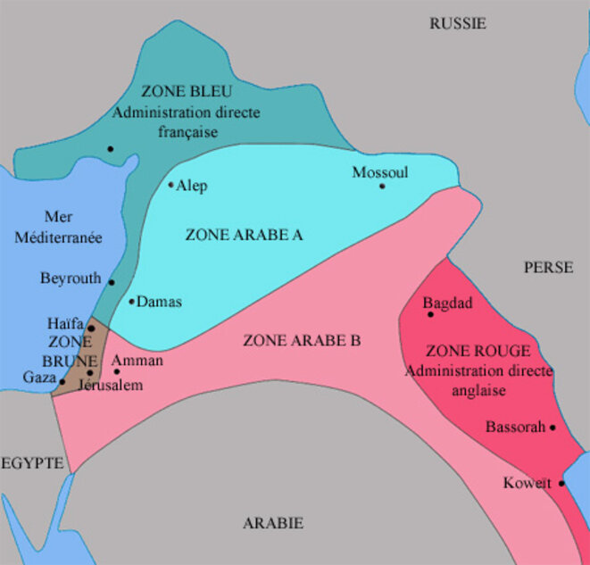 Carte du découpage du Moyen-Orient suivant les accords Sykes-Picot Carte du découpage du Moyen-Orient suivant les accords Sykes-Picot
