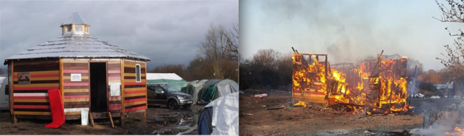Le cabanon de la permanence juridique de la « jungle » a pris feu le 17 mars 2016. Le cabanon de la permanence juridique de la « jungle » a pris feu le 17 mars 2016.