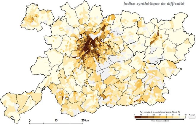 La región de Bruselas y su bolsa de trabajo. En el centro, los municipios donde se concentran los problemas sociales. © Mapa: ULB/Estudio dinámico de los barrios en crisis/2015.