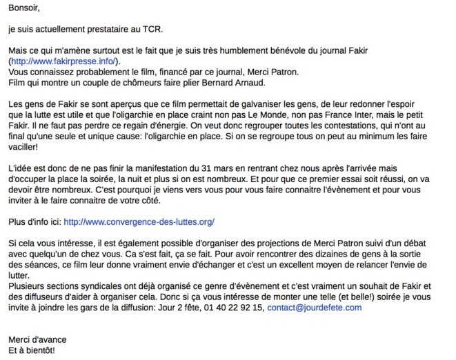 Le mail envoyé par Henri aux organisations syndicales et à deux syndicalistes de la CFE-CGC. Le mail envoyé par Henri aux organisations syndicales et à deux syndicalistes de la CFE-CGC.