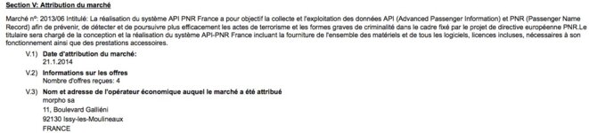 Extrait de l'avis d'attribution du marché du PNR français, en 2014. Extrait de l'avis d'attribution du marché du PNR français, en 2014.