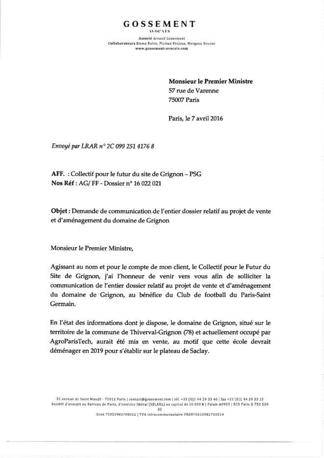 Grignon / PSG: la lettre de Me Gossement au Premier 