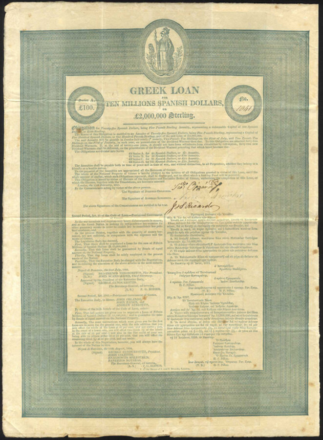 Greek Government 5 loan of 1825 bond for L100 no-1041 signed as contractors by J.S.Ricardo ornate border Athena at top Greek Government 5 loan of 1825 bond for L100 no-1041 signed as contractors by J.S.Ricardo ornate border Athena at top