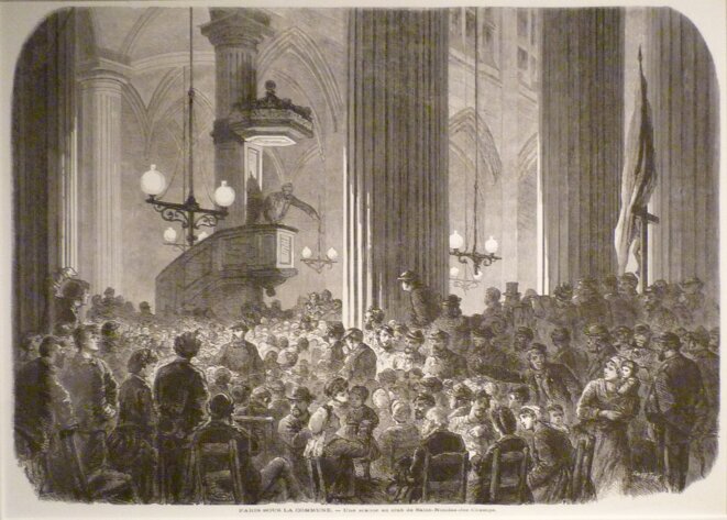 De la Révolution française à Mai 68 en passant par la Commune de Paris, les révolutions sont ces moments privilégiés où la parole populaire se libère. Comme ici, en 1871, dans une église réquisitionnée pour accueillir les débats d'un des multiples clubs qui fleurirent pendant la Commune (club-Saint-Nicolas-des-Champs -DR) De la Révolution française à Mai 68 en passant par la Commune de Paris, les révolutions sont ces moments privilégiés où la parole populaire se libère. Comme ici, en 1871, dans une église réquisitionnée pour accueillir les débats d'un des multiples clubs qui fleurirent pendant la Commune (club-Saint-Nicolas-des-Champs -DR)