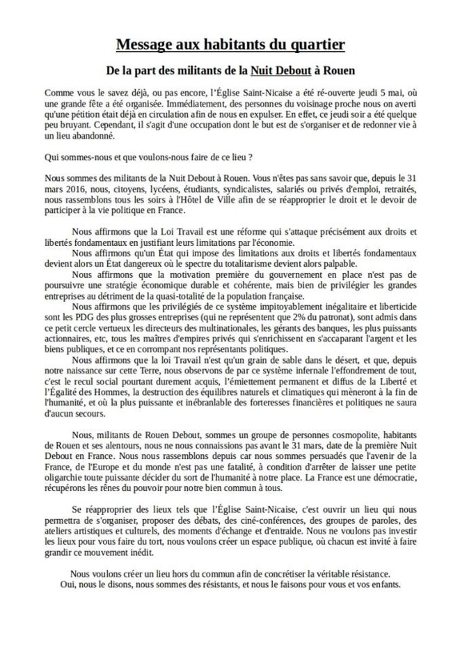 Tract Nuit Debout Rouen adressé aux habitants du quartier Saint-Nicaise © Nuit Debout Rouen Tract Nuit Debout Rouen adressé aux habitants du quartier Saint-Nicaise © Nuit Debout Rouen