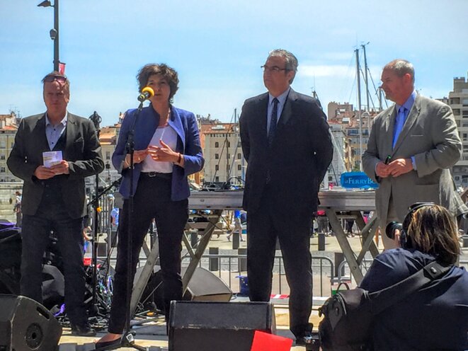 De gauche à droite : Stéphane François, président national de l'association Eurocircle ; Sylvie Goulard, députée du Parlement Européen ; Patrick Boré, maire de la Ciotat ; Andy Lom, chef de la Représentation régionale de la Commission européenne en France. © Bureau d'information du Parlement européen à Marseille De gauche à droite : Stéphane François, président national de l'association Eurocircle ; Sylvie Goulard, députée du Parlement Européen ; Patrick Boré, maire de la Ciotat ; Andy Lom, chef de la Représentation régionale de la Commission européenne en France. © Bureau d'information du Parlement européen à Marseille