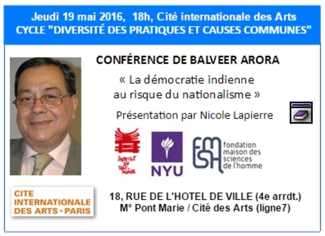 Conférence de Balveer Arora, Cité internationale des Arts, jeudi 19 mai 18h