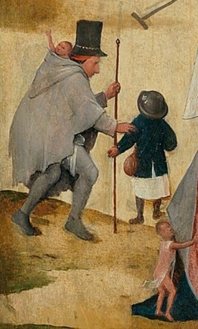L'homme au chapeau, avec un enfant dans sa hotte, détail du Chariot de foin : diverses interprétations, dont celle d'un voleur d'enfants L'homme au chapeau, avec un enfant dans sa hotte, détail du Chariot de foin : diverses interprétations, dont celle d'un voleur d'enfants