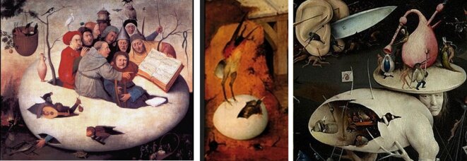 Bosch : Le concert dans l'oeuf ; détail de La Tentation; détail de l'Enfer du "Jardin des délices", l'homme arbre et oeuf aurait le visage du peintre Bosch : Le concert dans l'oeuf ; détail de La Tentation; détail de l'Enfer du "Jardin des délices", l'homme arbre et oeuf aurait le visage du peintre