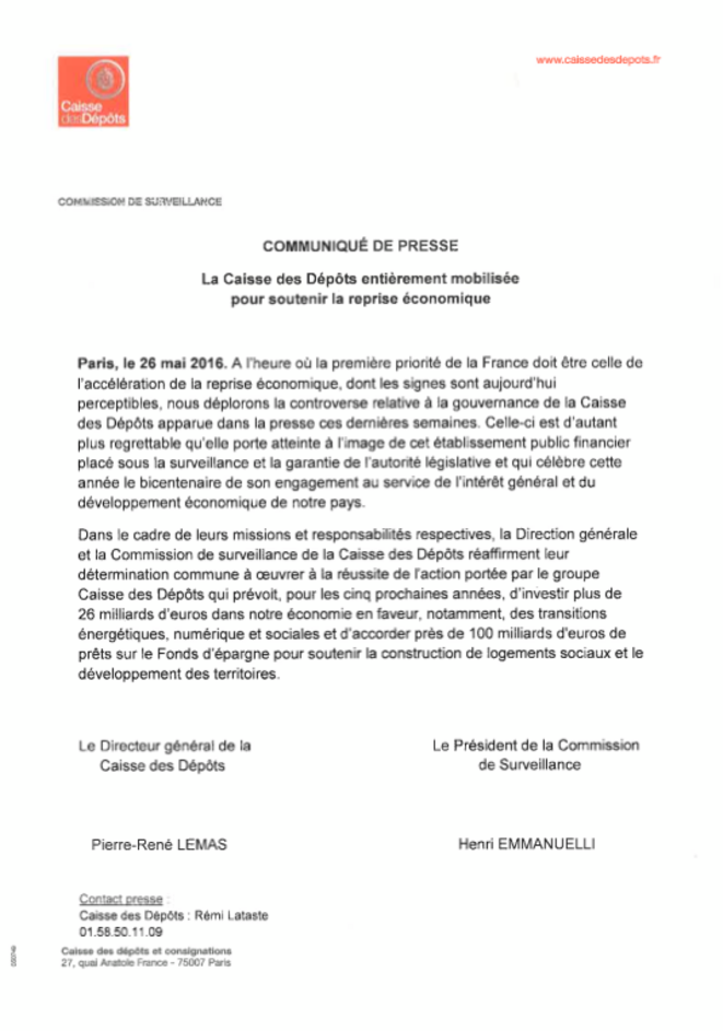 Le communiqué de presse de la CDC Le communiqué de presse de la CDC
