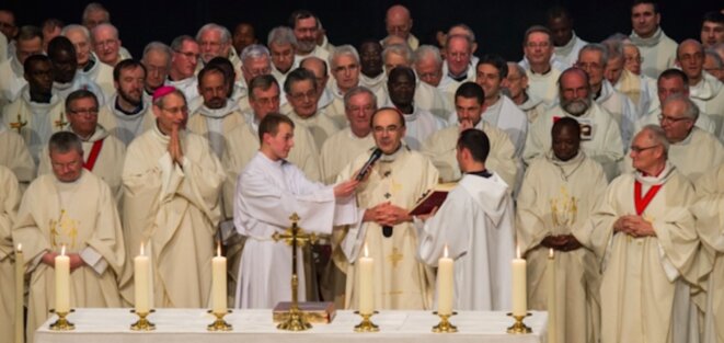 Father Bernard Preynat, on far right in second row, at a church ceremony presided over by Cardinal Barbarin in Lyon in April 2015. © lyon.catholique.fr