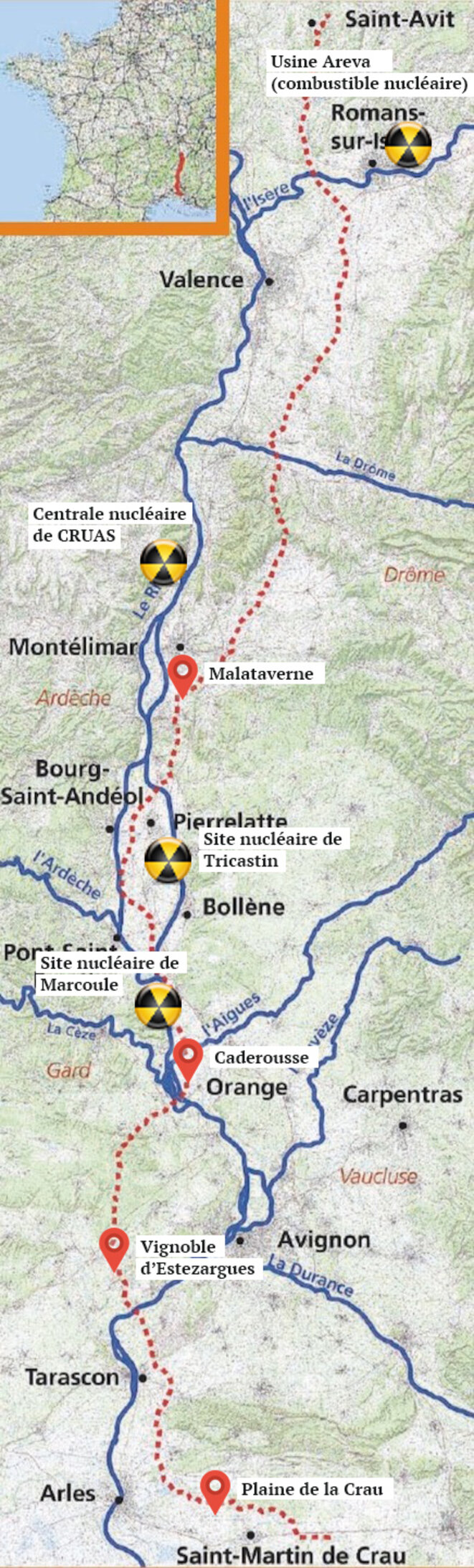 Le tracé du gazoduc (source : GRTgaz) et les installations traversées. © Mediapart Le tracé du gazoduc (source : GRTgaz) et les installations traversées. © Mediapart