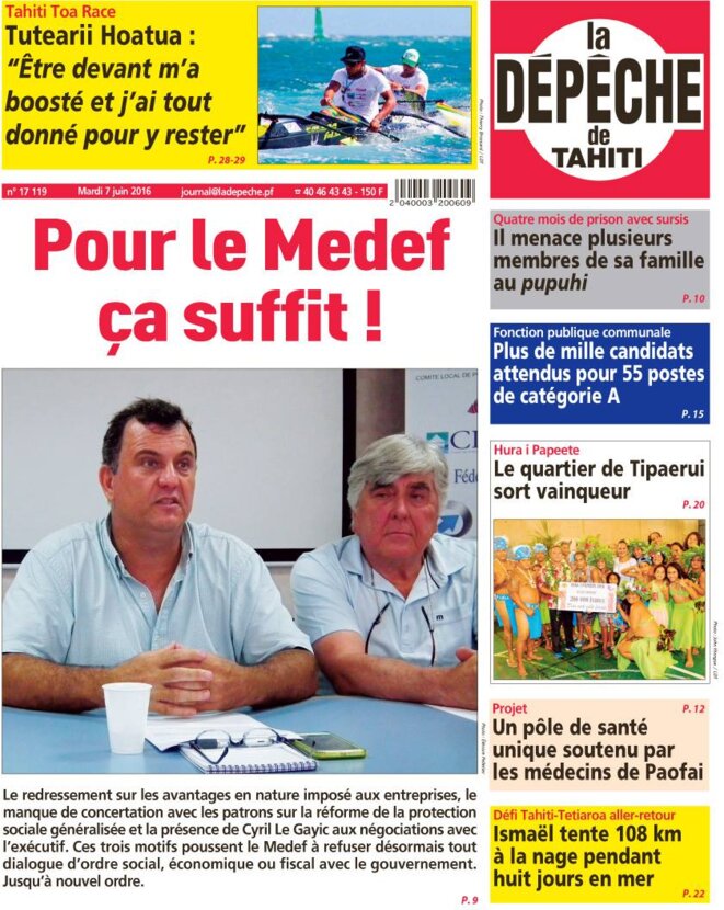La Une de "La Dêpêche de Tahiti" du 07 juin. Voire en bas de page à droite. La Une de "La Dêpêche de Tahiti" du 07 juin. Voire en bas de page à droite.