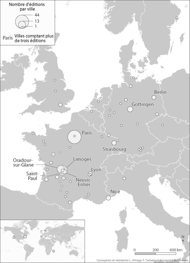 Carte 2. Lieux de publication des livres consacrés à Oradour-sur-Glane, 1944-2014 © Artiaga/Cerbelaud Carte 2. Lieux de publication des livres consacrés à Oradour-sur-Glane, 1944-2014 © Artiaga/Cerbelaud