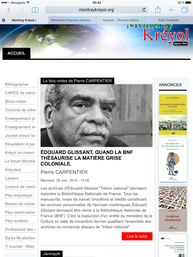 Sur MONTRAY KRÉYOL. É. GLISSANT, QUAND  LA BnF THÉSAURISE LA MATIÈRE GRISE COLONIALE.