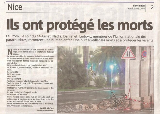 Remparts humains face à l'horreur, article de Laure BRUYAS paru en page 2 de Nice - Matin le 2 août 2016 © Laure Bruyas Remparts humains face à l'horreur, article de Laure BRUYAS paru en page 2 de Nice - Matin le 2 août 2016 © Laure Bruyas