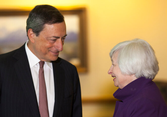 Mario Draghi, président de la BCE, et Janet Yellen, présidente de la Fed, à Jackson Hole en 2014 © Reuters Mario Draghi, président de la BCE, et Janet Yellen, présidente de la Fed, à Jackson Hole en 2014 © Reuters
