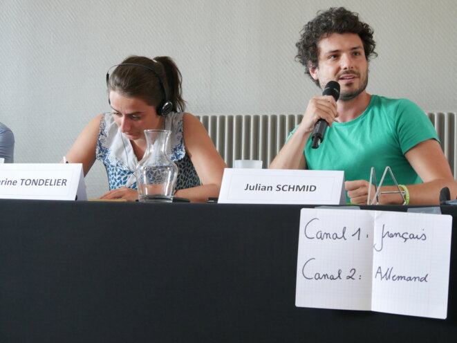 Lors d’un atelier organisé par la fondation Heinrich-Böll sur les réponses à mettre en place face aux stratégies de l’extrême-droite en Europe. A gauche, Marine Tondelier, élue à Henin-Beaumont et à droite, Julian Schmid, député vert autrichien. © Guillaume Krempp Lors d’un atelier organisé par la fondation Heinrich-Böll sur les réponses à mettre en place face aux stratégies de l’extrême-droite en Europe. A gauche, Marine Tondelier, élue à Henin-Beaumont et à droite, Julian Schmid, député vert autrichien. © Guillaume Krempp