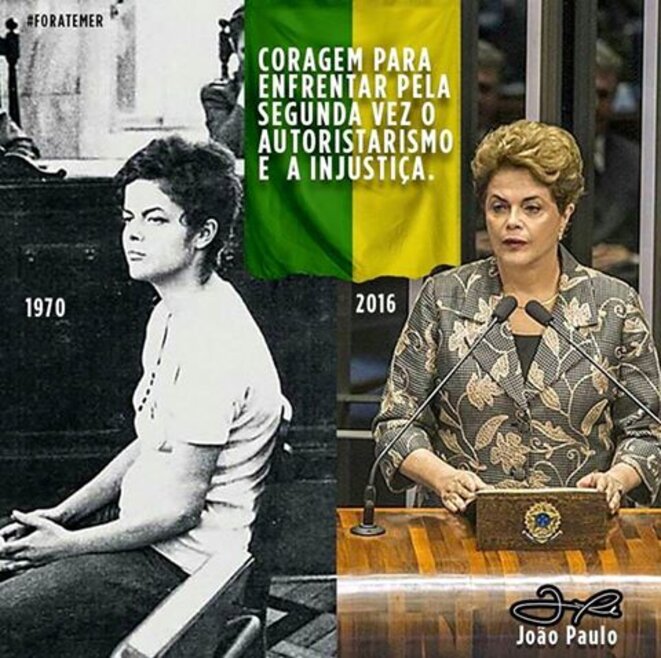 Montage sur les réseaux sociaux. Dilma Rousseff, jugée par les militaires en 1970, jugée par les sénateurs aujourd'hui. Montage sur les réseaux sociaux. Dilma Rousseff, jugée par les militaires en 1970, jugée par les sénateurs aujourd'hui.