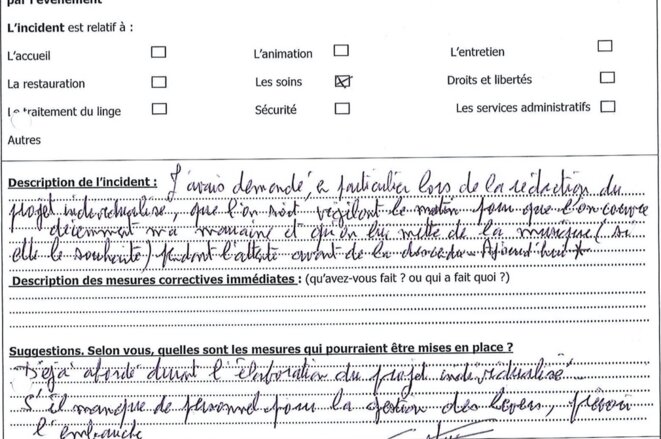 Exemple de fiche de signalement d'évènement indésirable à la Bastide du Moulin © DR