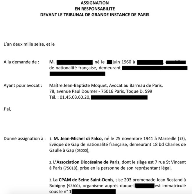 L'en-tête de l'assignation au TGI de Paris de Mgr di Falco, que Mediapart a pu consulter L'en-tête de l'assignation au TGI de Paris de Mgr di Falco, que Mediapart a pu consulter