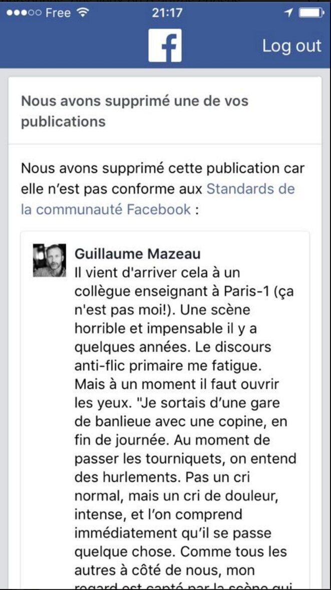 Le post Facebook de Guillaume Mazeau a été supprimé par Facebook