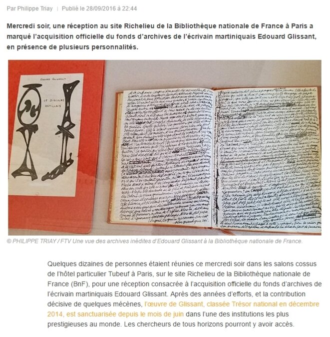 Les archives d’Édouard Glissant à l’honneur à la BnF (28.09.2016)