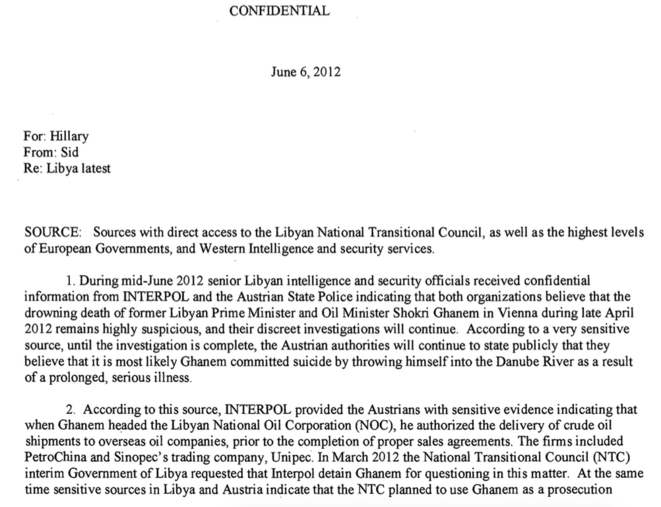 Extract from the confidential note received by Hillary Clinton on June 6th, 2012, just over a month after Shukri Ghanem's death. © Wikileaks Extract from the confidential note received by Hillary Clinton on June 6th, 2012, just over a month after Shukri Ghanem's death. © Wikileaks