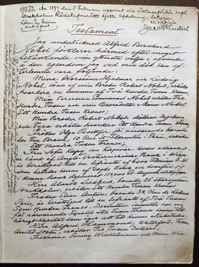 Le testament d'Alfred Nobel (https://www.nobelprize.org/alfred_nobel/will/will-full.html) Le testament d'Alfred Nobel (https://www.nobelprize.org/alfred_nobel/will/will-full.html)