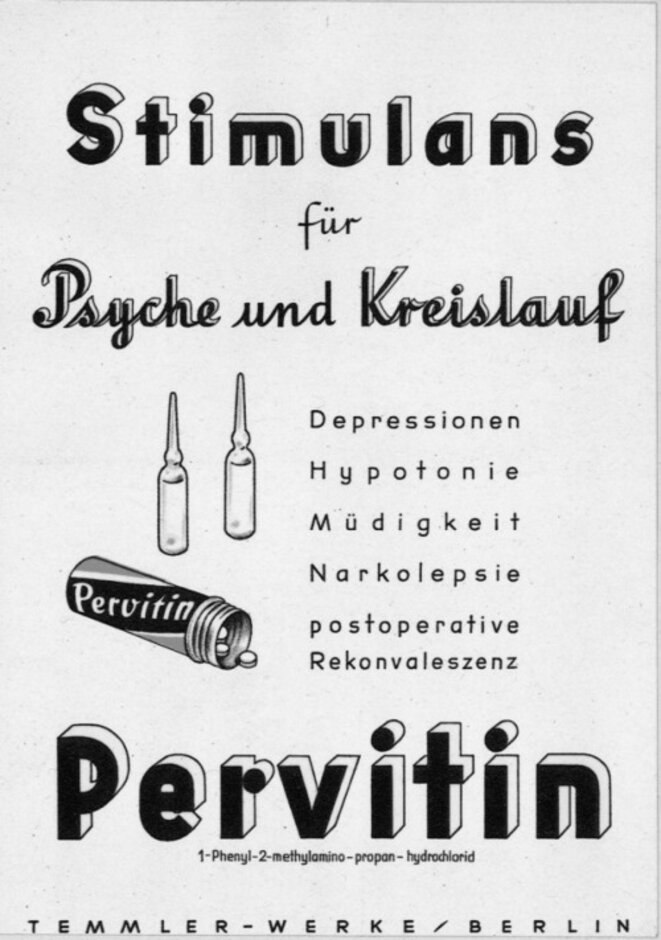 « Pervitine. Stimulant pour le psychisme et la circulation sanguine. Dépression, hypotonie, fatigue, narcolepsie, convalescence postopératoire » « Pervitine. Stimulant pour le psychisme et la circulation sanguine. Dépression, hypotonie, fatigue, narcolepsie, convalescence postopératoire »