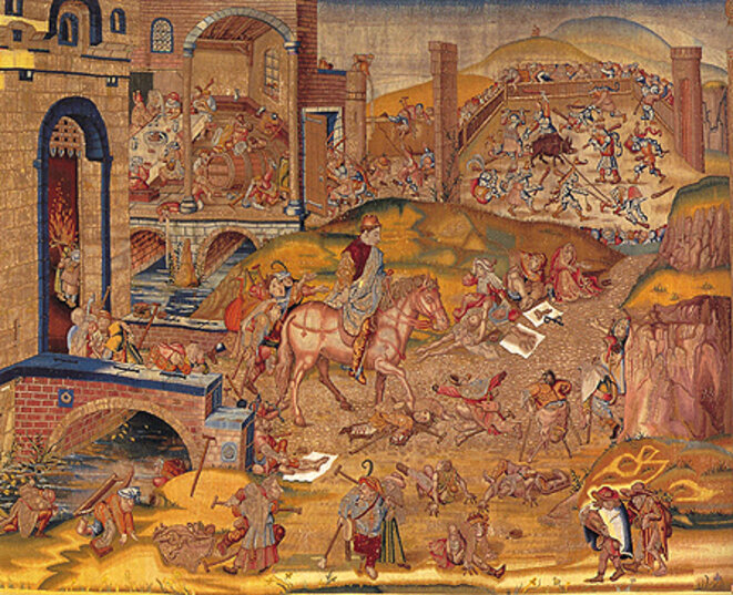 Atelier bruxellois inconnu, Saint quittant la ville, 1550-1570, Madrid, Patrimonio Nacional, Palacio Real © BRL Atelier bruxellois inconnu, Saint quittant la ville, 1550-1570, Madrid, Patrimonio Nacional, Palacio Real © BRL