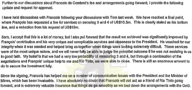 Extrait d'un e-mail signé Alan Davies, responsable des opérations internationales de Rio Tinto, le 10 mai 2011. Extrait d'un e-mail signé Alan Davies, responsable des opérations internationales de Rio Tinto, le 10 mai 2011.