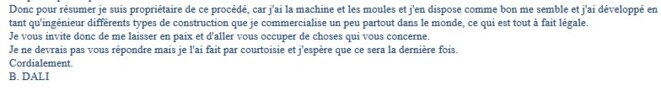 Le 6 Novembre 2016 M. Dali avoir racheté les brevets frauduleux et les machines. Le 6 Novembre 2016 M. Dali avoir racheté les brevets frauduleux et les machines.