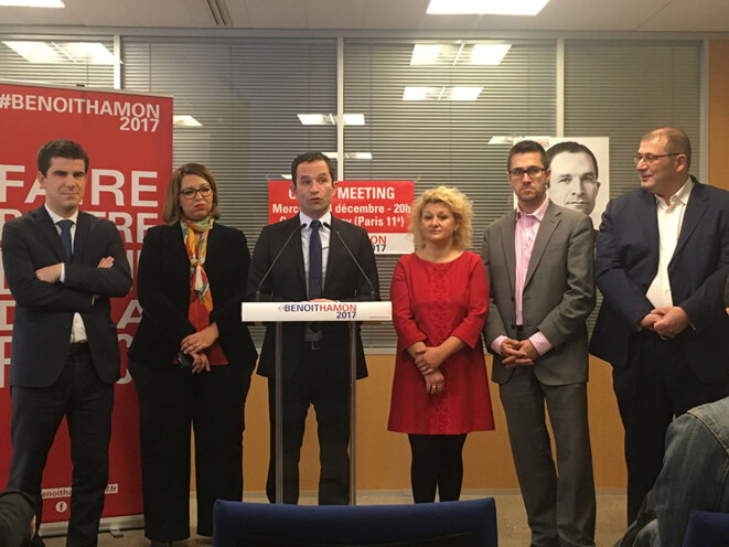 Benoît Hamon lors de sa conférence de presse vendredi matin à son QG © CG Benoît Hamon lors de sa conférence de presse vendredi matin à son QG © CG