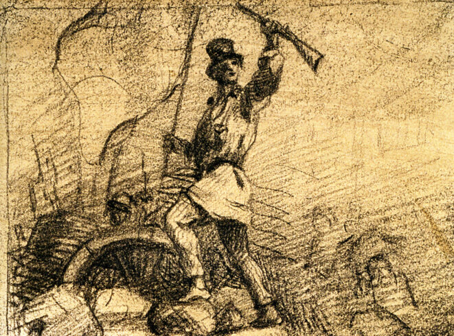 Gustave Courbet, « Révolutionnaire sur une barricade » (projet de frontispice pour « Le Salut public »), 1848, fusain sur papier. © © Musée Carnavalet / Roger-Viollet. Gustave Courbet, « Révolutionnaire sur une barricade » (projet de frontispice pour « Le Salut public »), 1848, fusain sur papier. © © Musée Carnavalet / Roger-Viollet.
