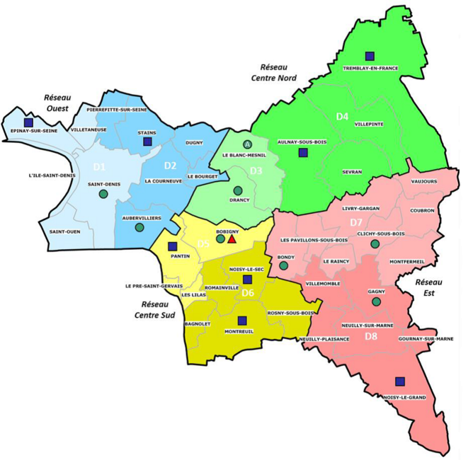 Carte des CIO. En bleu: CIO d'Etat; en vert: CIO départementaux Carte des CIO. En bleu: CIO d'Etat; en vert: CIO départementaux