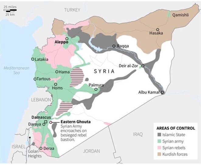 El estado de las fuerzas en Siria en octubre de 2016. En verde, el ejército sirio y sus aliados. En gris, Daech. En rosa, los insurgentes sirios. En marrón, las fuerzas kurdas. © Reuters El estado de las fuerzas en Siria en octubre de 2016. En verde, el ejército sirio y sus aliados. En gris, Daech. En rosa, los insurgentes sirios. En marrón, las fuerzas kurdas. © Reuters