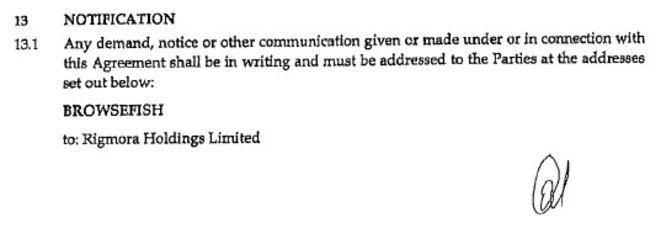 Extrait du contrat de TPO entre le club portugais de Braga et le fonds de TPO Browsefish. Son adresse de contact est celle de Rigmora, la holding chypriote de Rybolovlev © EIC Extrait du contrat de TPO entre le club portugais de Braga et le fonds de TPO Browsefish. Son adresse de contact est celle de Rigmora, la holding chypriote de Rybolovlev © EIC
