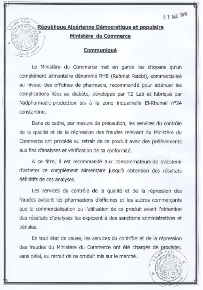 Le communiqué du ministère du Commerce. © Ethics & Integrity Le communiqué du ministère du Commerce. © Ethics & Integrity